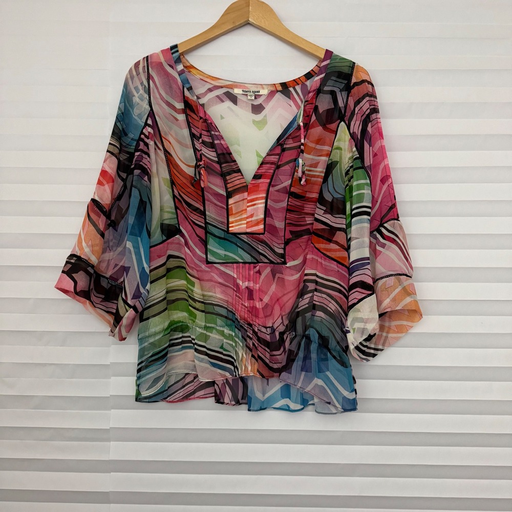 Daniel Rainn Women Sheer Festival Geometric Chevron Print Peplum Blouse M